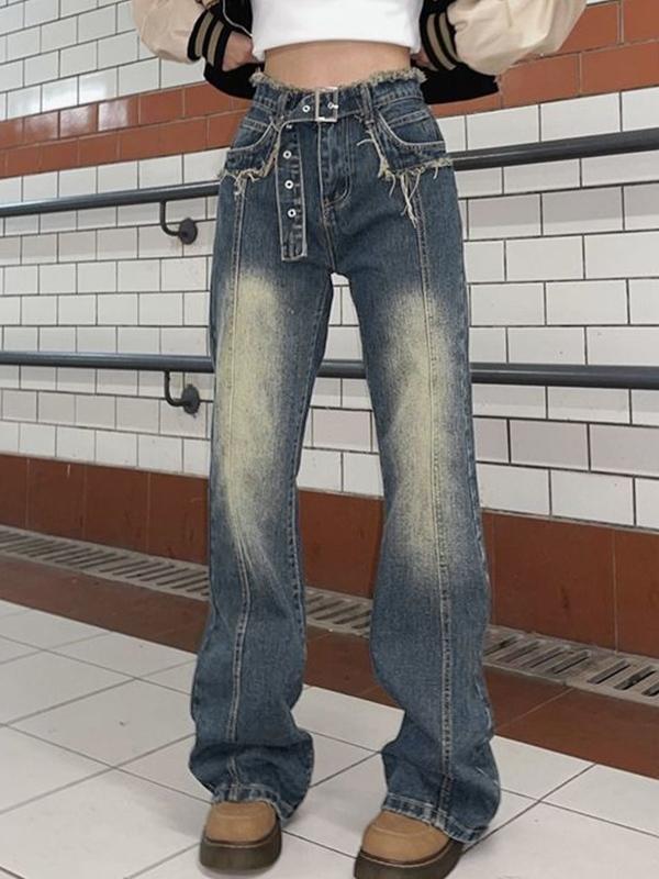 Vintage Buckle Detail Raw Trim Boyfriend Jeans Product Image