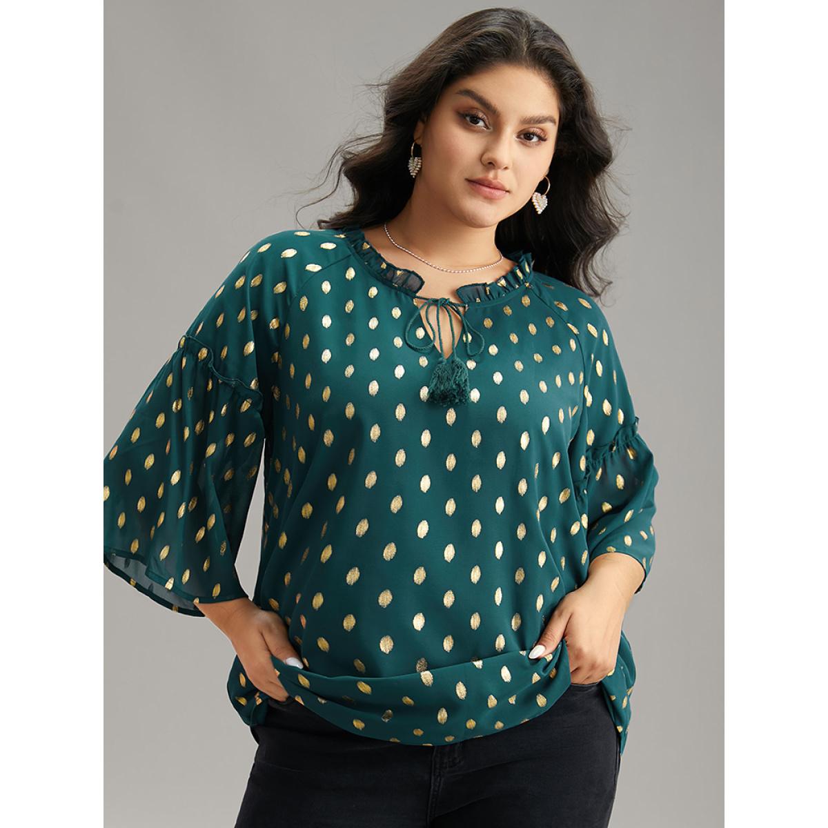 Plus Size Cyan Geo Glitter Tassels Ties Blouse Women Glamour Elbow-length sleeve Tie Neck Going out Blouses BloomChic 18-20/2X Product Image