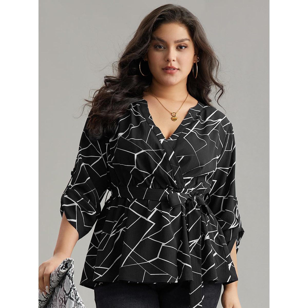 Plus Size Black Geometric Print Tab Sleeve Belted Wrap Blouse Women Office Long Sleeve V-neck Office Blouses BloomChic 30/6X Product Image