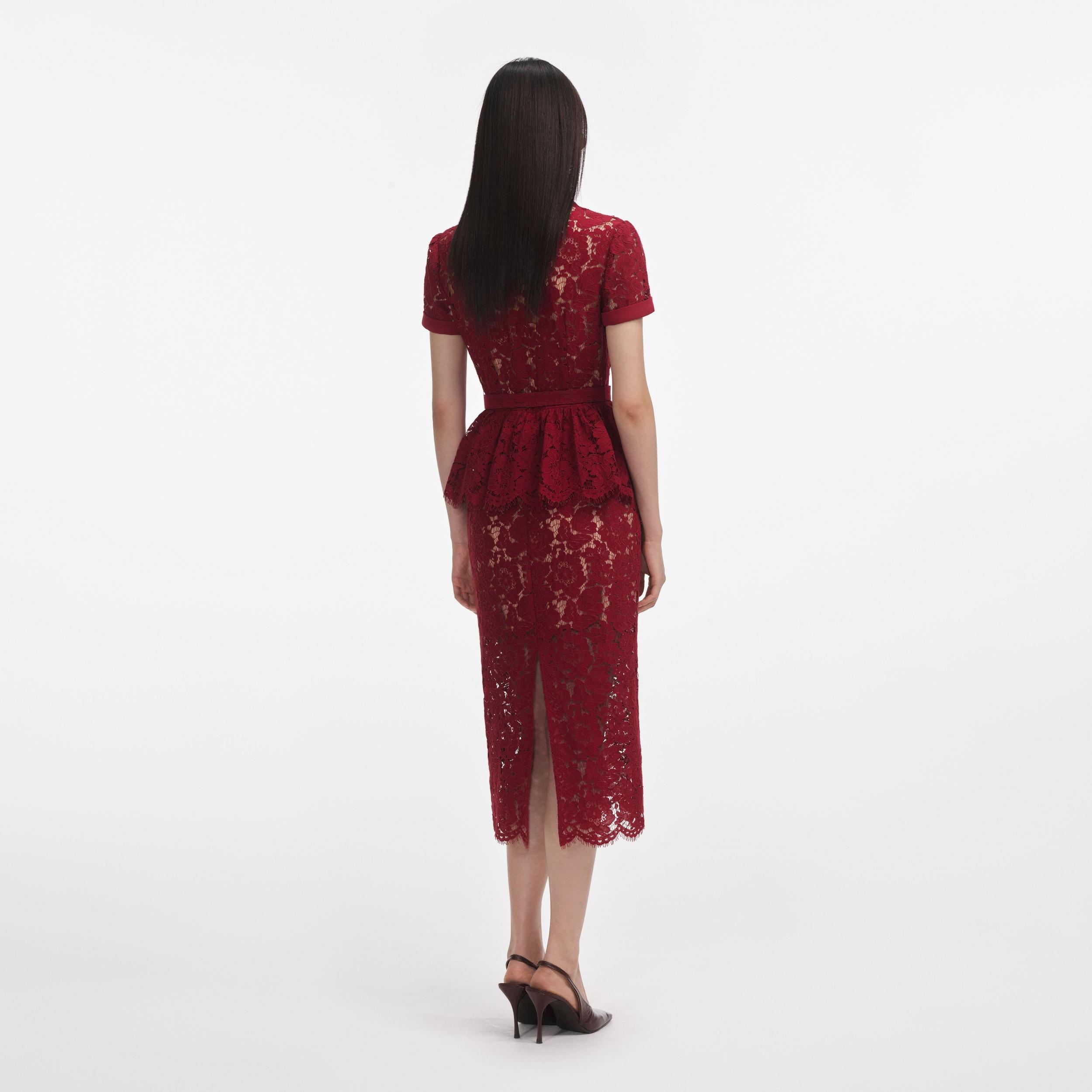 Burgundy Lace Peplum Midi Dress Product Image