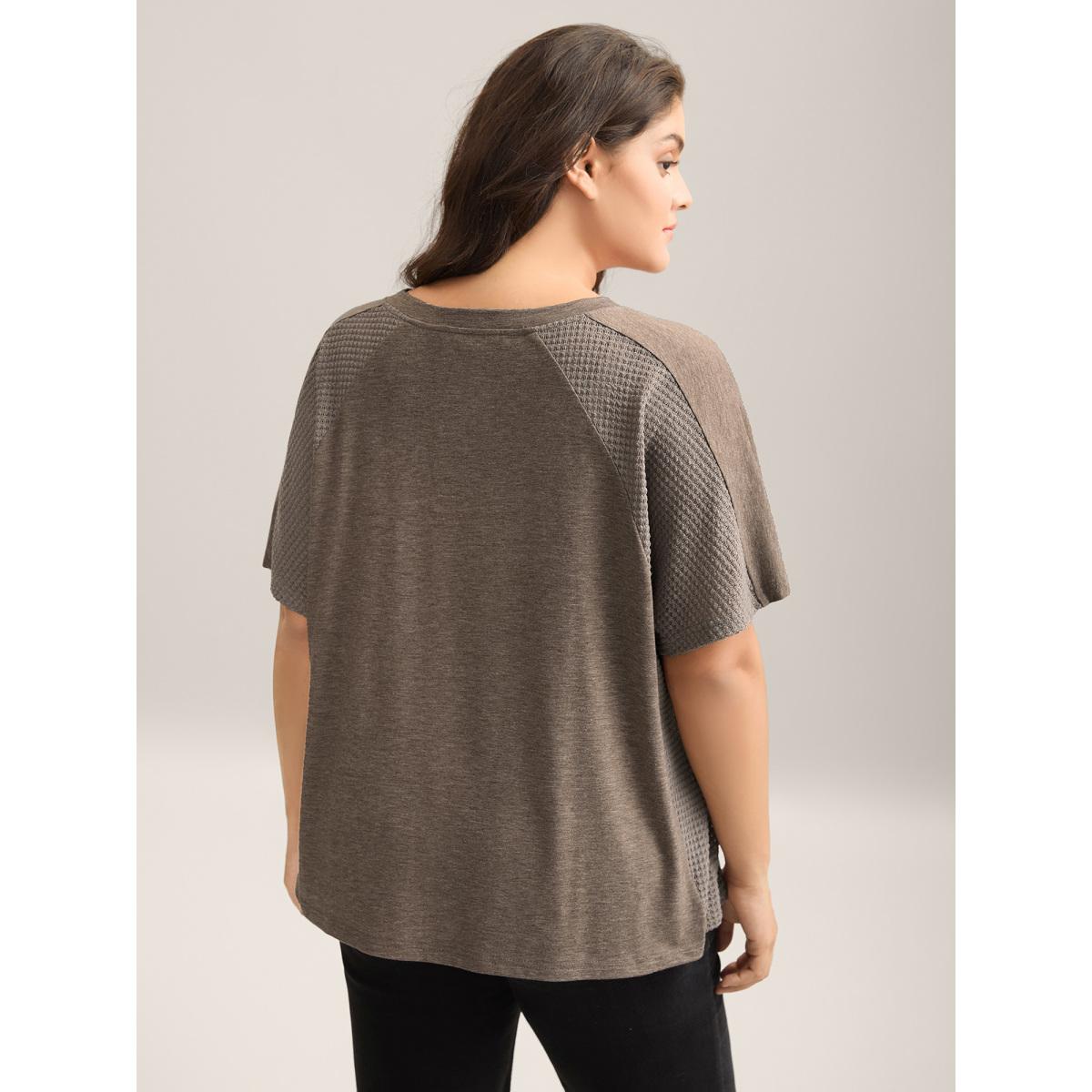 Plus Size Waffle V-Neck Pocket Plain T-Shirt LightBrown Women Leisure Texture V-neck Casual T-shirts BloomChic 28/5X Product Image