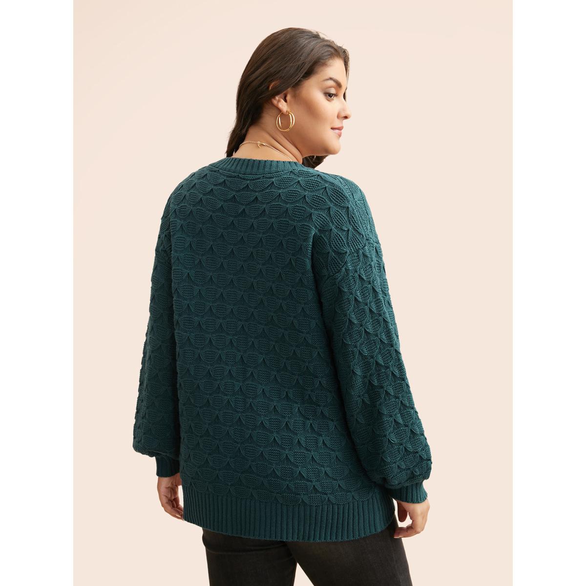 Plus Size Fish Scale Texture Drop Shoulder Pullover Cyan Women Casual Loose Long Sleeve Round Neck Everyday Pullovers BloomChic 18-20/2X Product Image