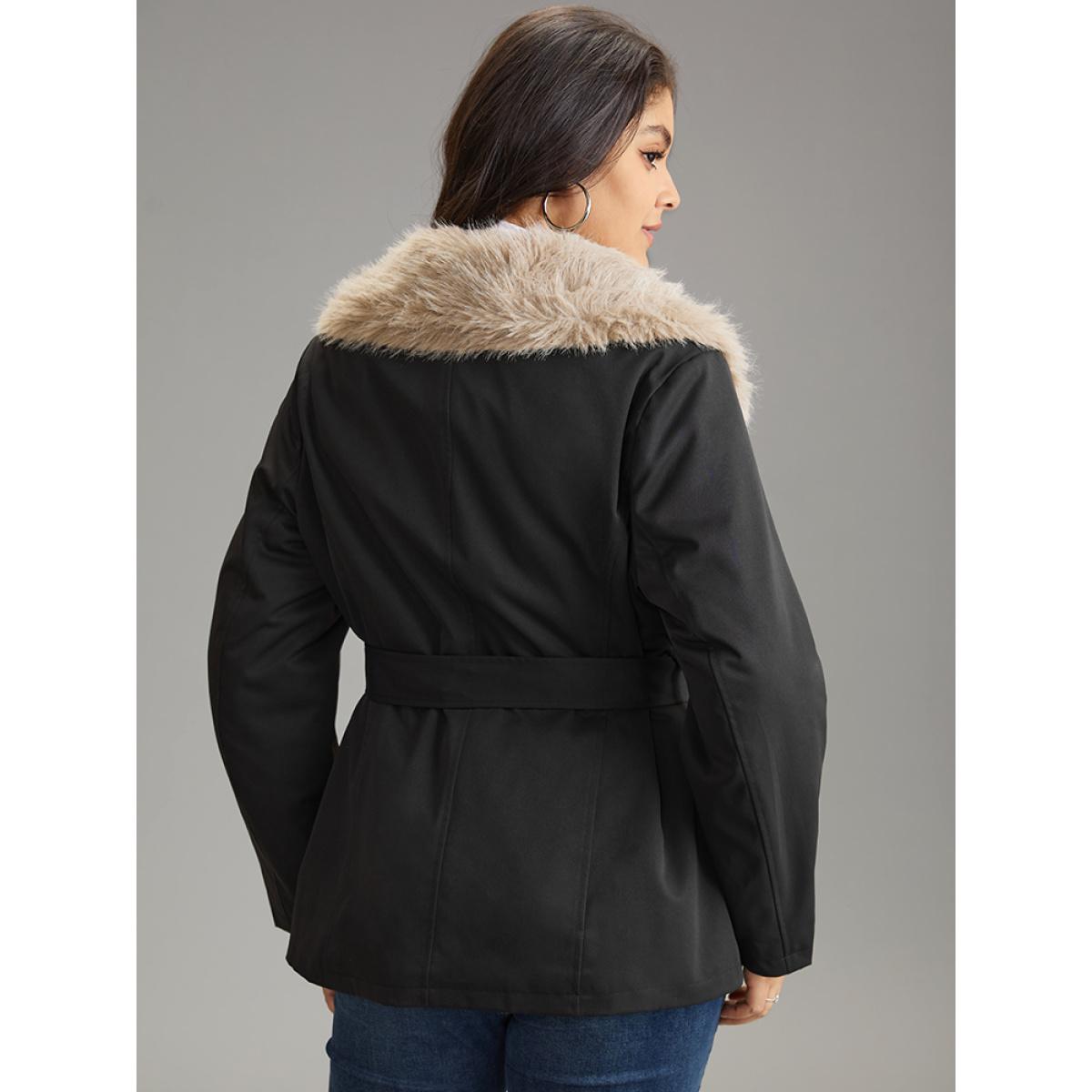 Plus Size Fuzzy Trim Patchwork Zipper Belted Lapel Collar Coat Women Black Casual Lined Ladies Dailywear Winter Coats BloomChic 12/L Product Image