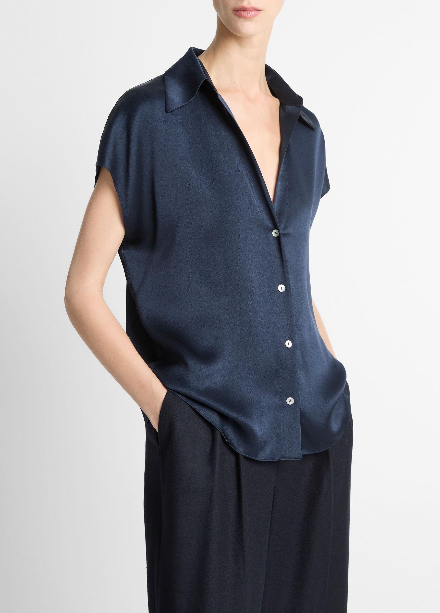 Silk Cap-Sleeve Ruched-Back Blouse Product Image