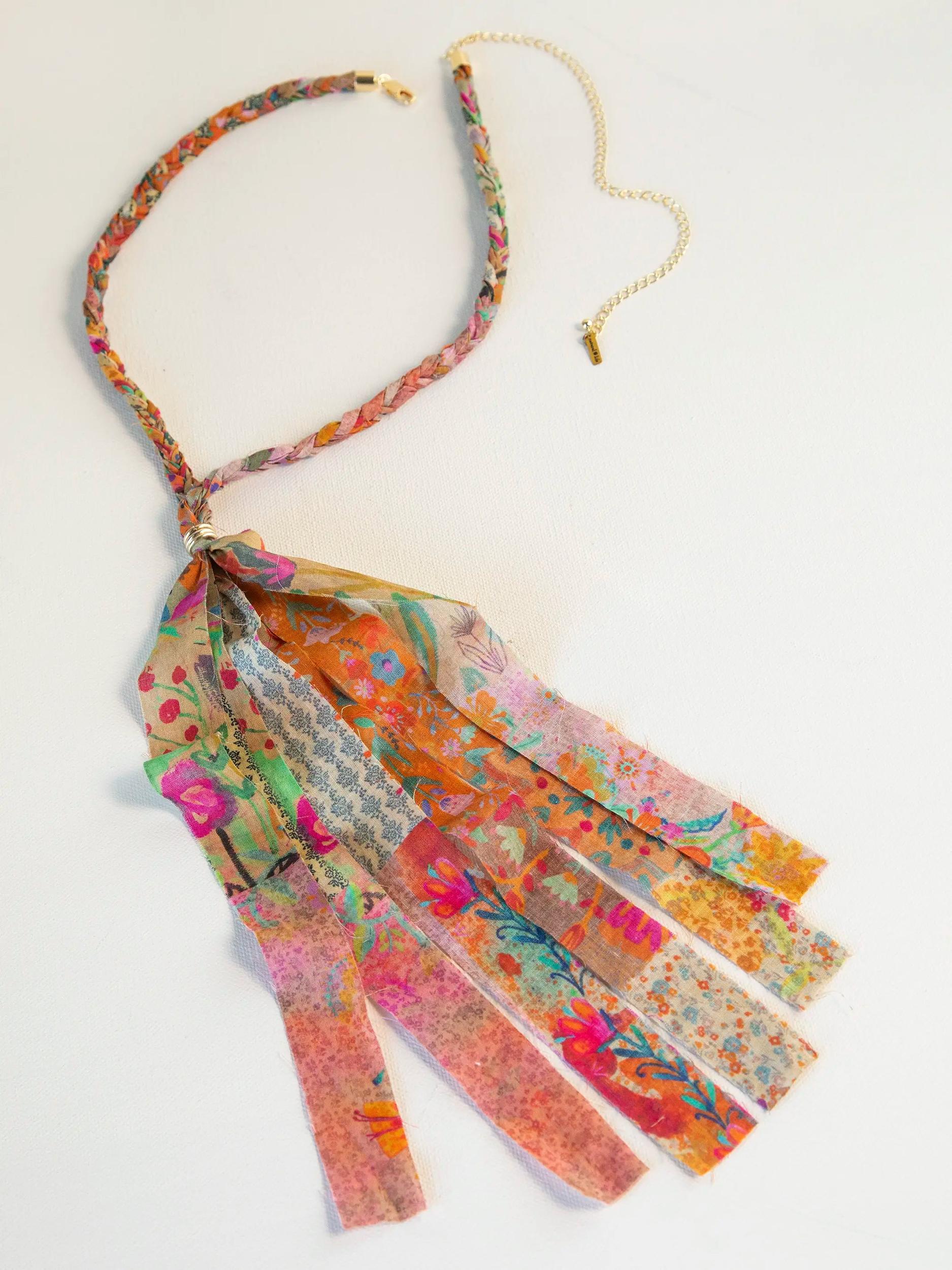 Braided Bandana Necklace - Pink Floral Patchwork Product Image