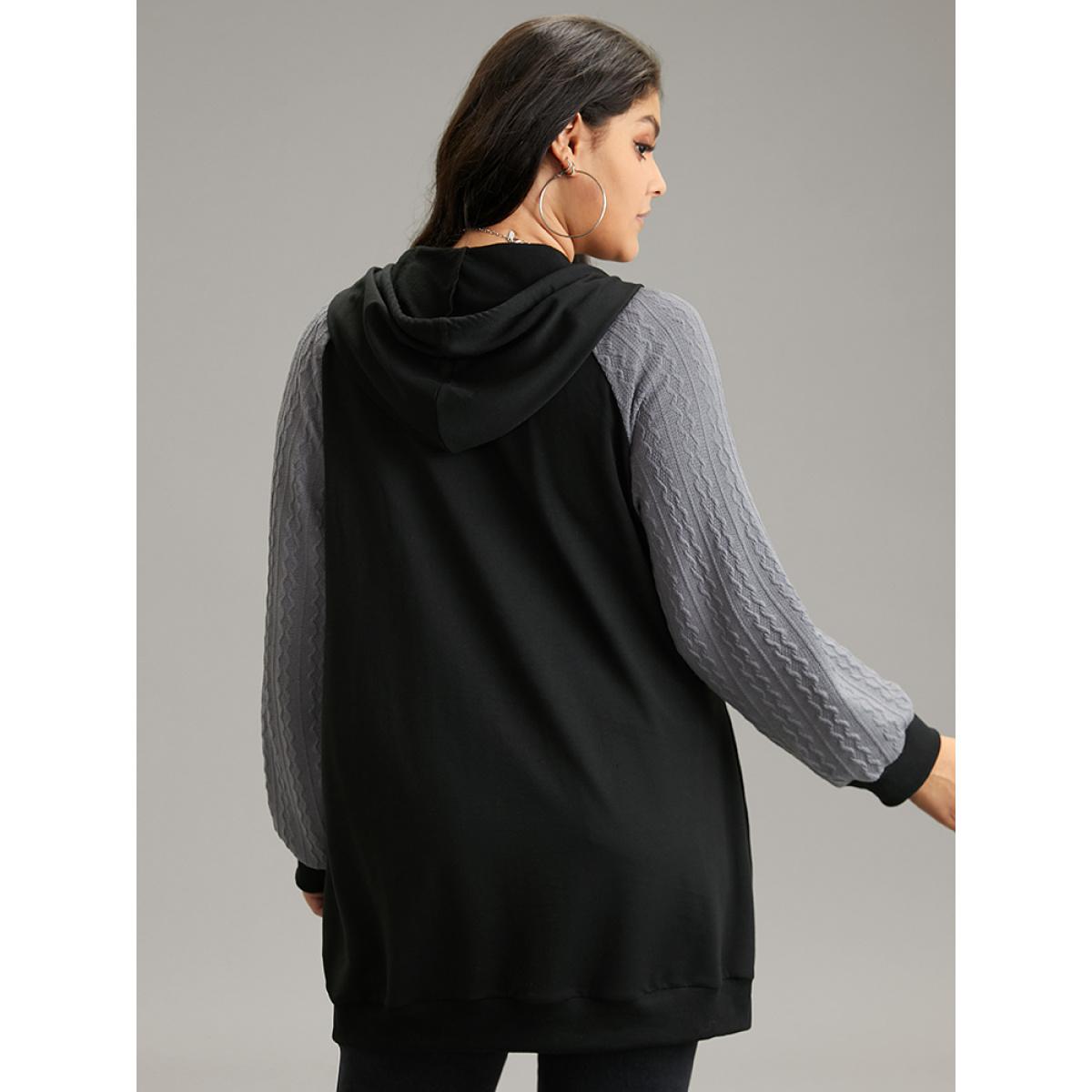 Plus Size Textured Contrast Zipper Hooded Drawstring Sweatshirt Women Black Casual Rib Knit Hooded Dailywear Sweatshirts BloomChic 22-24/3X Product Image