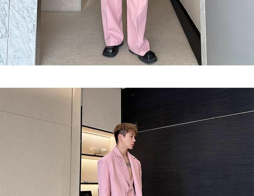 Set: Mock Two-Piece Peak Lapel Plain Buttoned Slit Blazer + Mid Rise Wide Leg Dress Pants Product Image