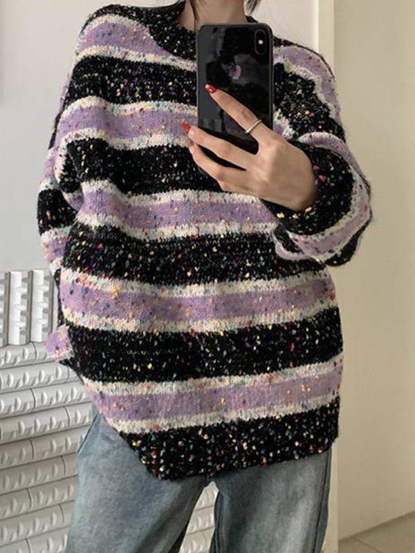 Popcorn Contrast Color Striped Knit Sweater Product Image