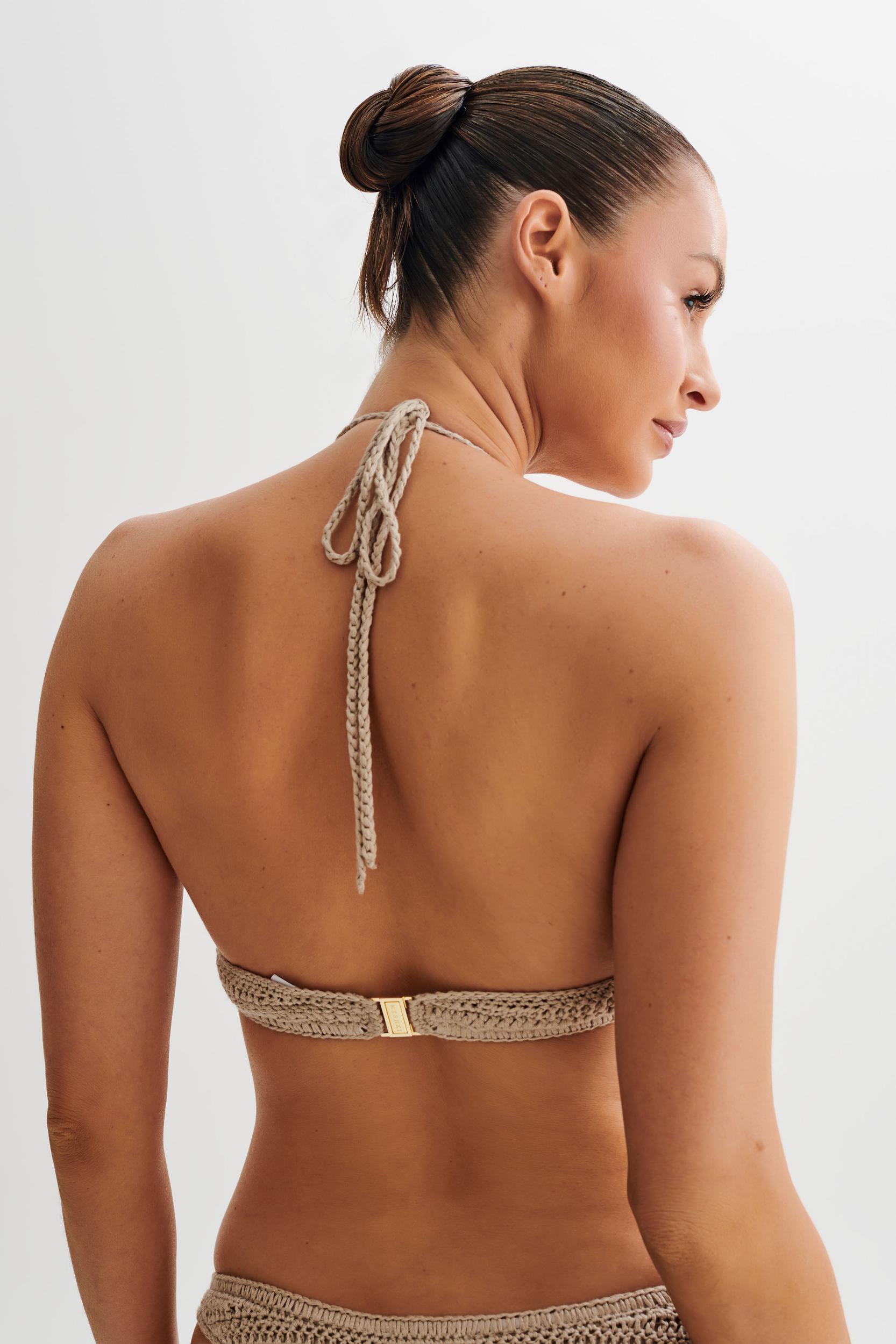 Rhiannon Floral Crochet Halter Bikini Top - Taupe/White Product Image