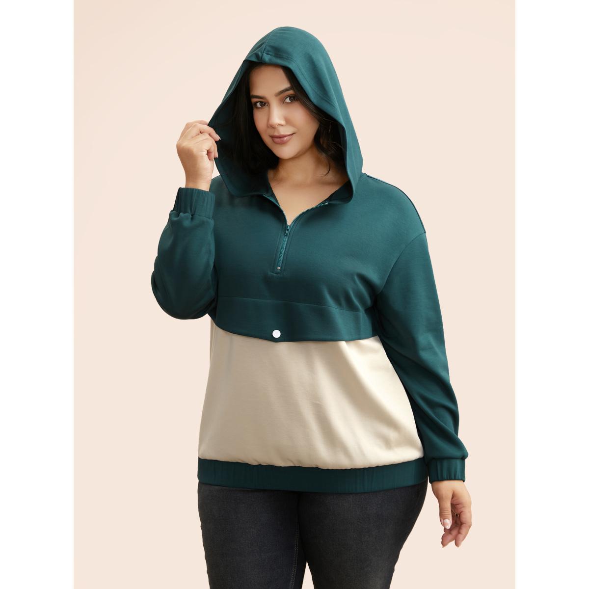 Plus Size Contrast Half Zip Hooded Sweatshirt Women Cyan Casual Contrast Hooded Everyday Sweatshirts BloomChic 22-24/3X Product Image