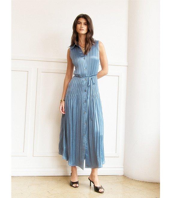 Current Air Pleated Collared Sleeveless Button Front Midi Shirtdress Product Image