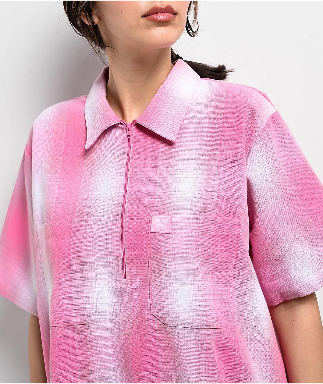 FB County Pink Plaid Zip Short Sleeve Woven Shirt  Product Image