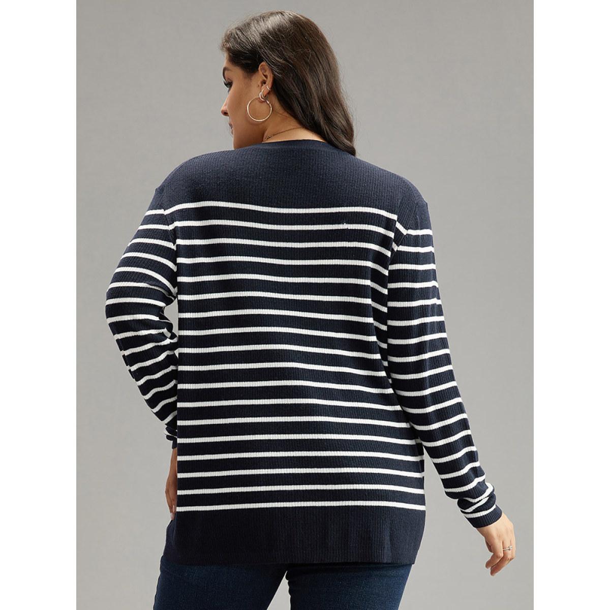 Plus Size Supersoft Essentials Striped Button Through Pullover Midnight Women Casual Loose Long Sleeve V-neck Dailywear Pullovers BloomChic 22-24/3X Product Image