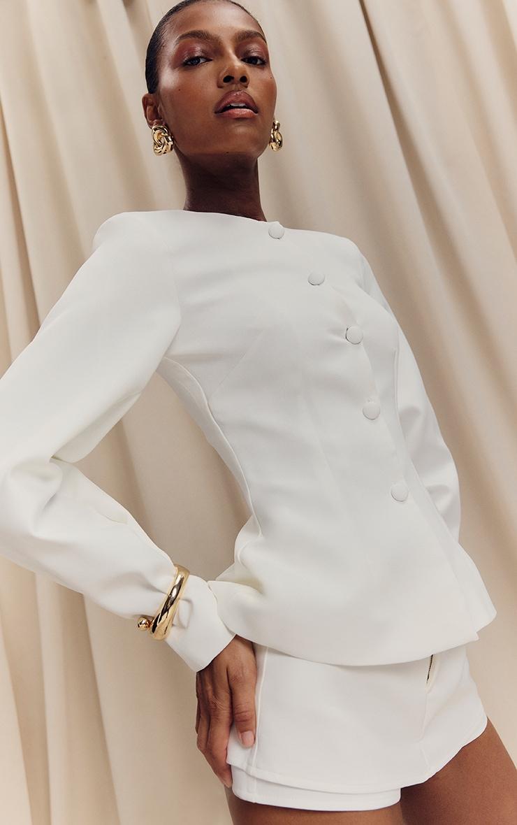 White Woven Cinched Waist Cocoon Sleeve Button Up Blazer Product Image