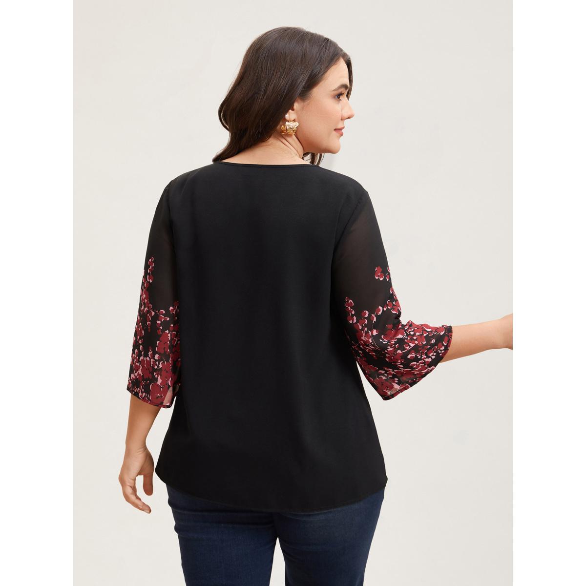 Plus Size Black Floral Spliced Round Neck Blouse Women Elegant Elbow-length sleeve Non Everyday Blouses BloomChic 18-20/2X Product Image