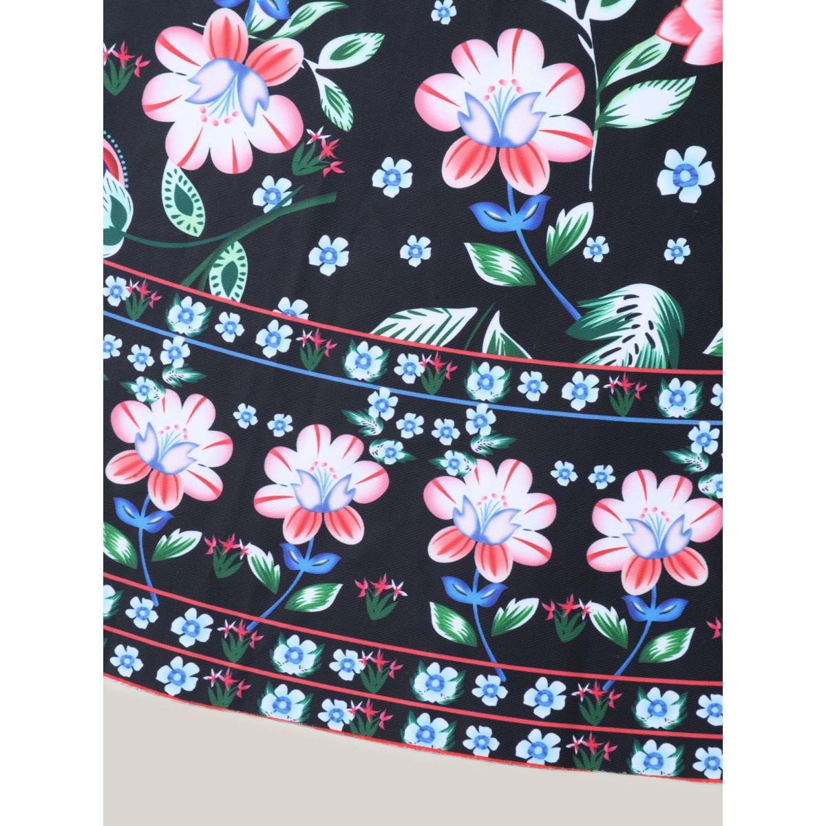 Plus Size Floral Print Surplice Neck Swim Dress Women's Swimwear Black Resort Bodycon Overlap Collar High stretch Curve Swim Dresses BloomChic 14-16/1X Product Image