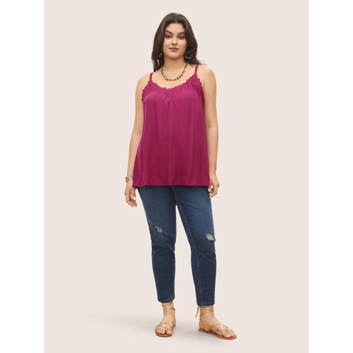 Plus Size Rayon Lace Panel Gathered Cami Top Women RedViolet Elegant Woven ribbon&lace trim V-neck Everyday Tank Tops Camis BloomChic 12/L Product Image