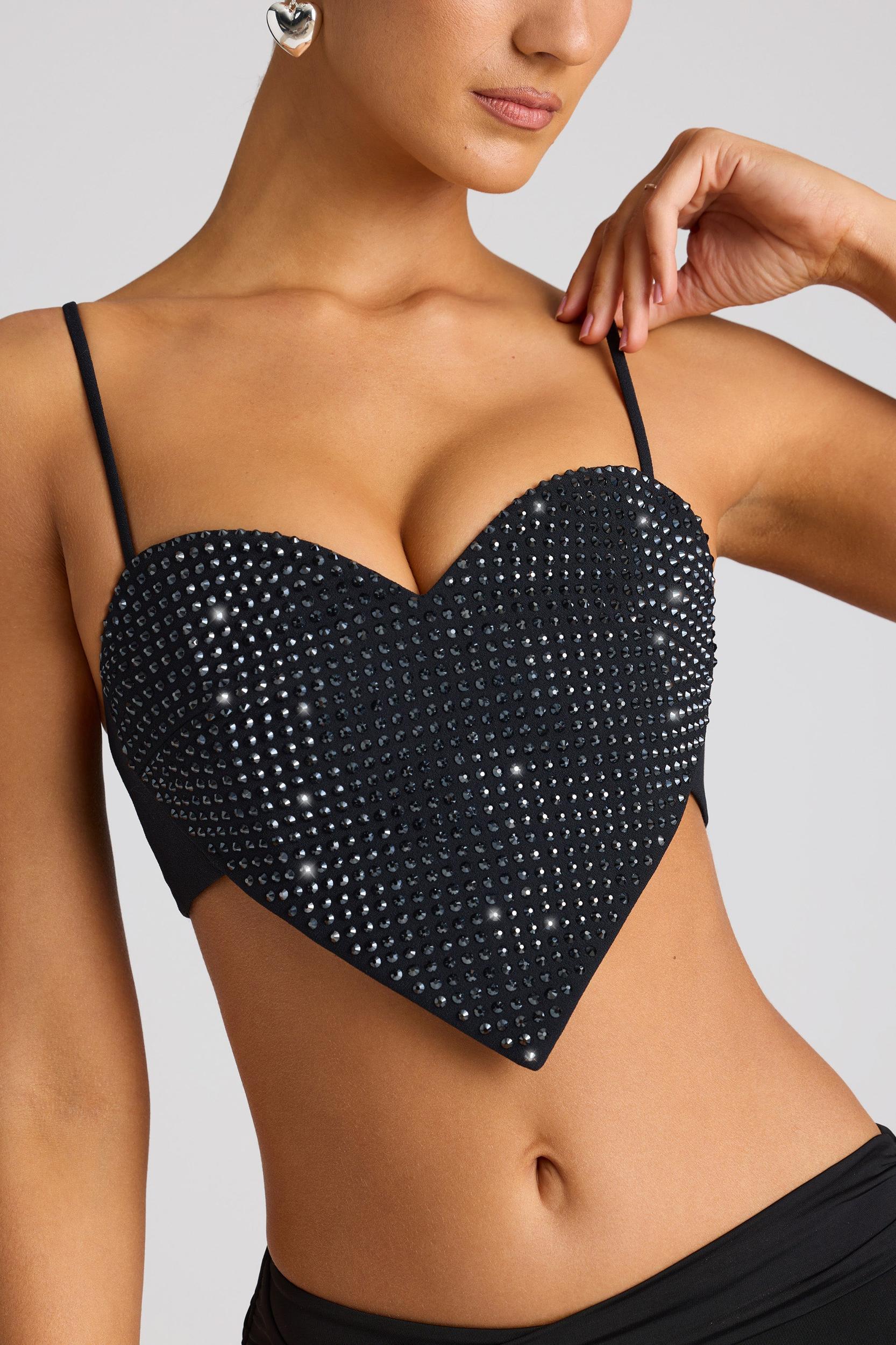 Embellished Heart Detail Crop Top in Black Product Image