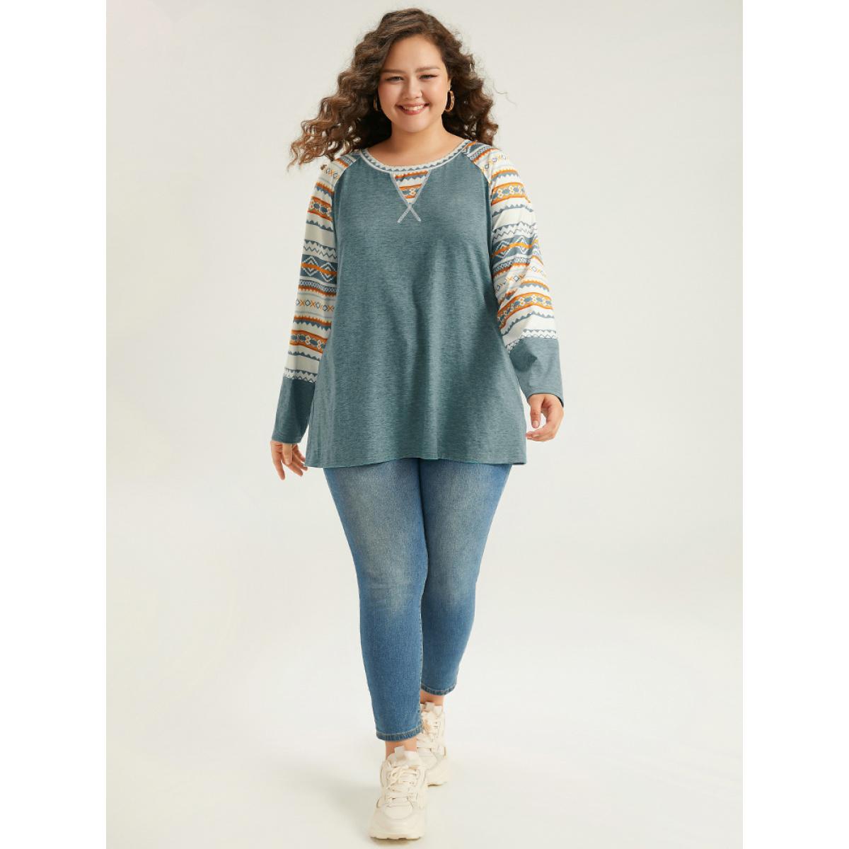 Plus Size Boho Print Raglan Sleeve T-shirt Green Women Casual Printed Bohemian Print Round Neck Dailywear T-shirts BloomChic 28/5X Product Image