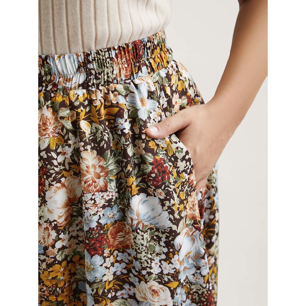 Plus Size Floral Print Stretchy-Waist Midi Skirt Women Multicolor Elegant Contrast No stretch Side seam pocket Everyday Skirts BloomChic 10/M Product Image