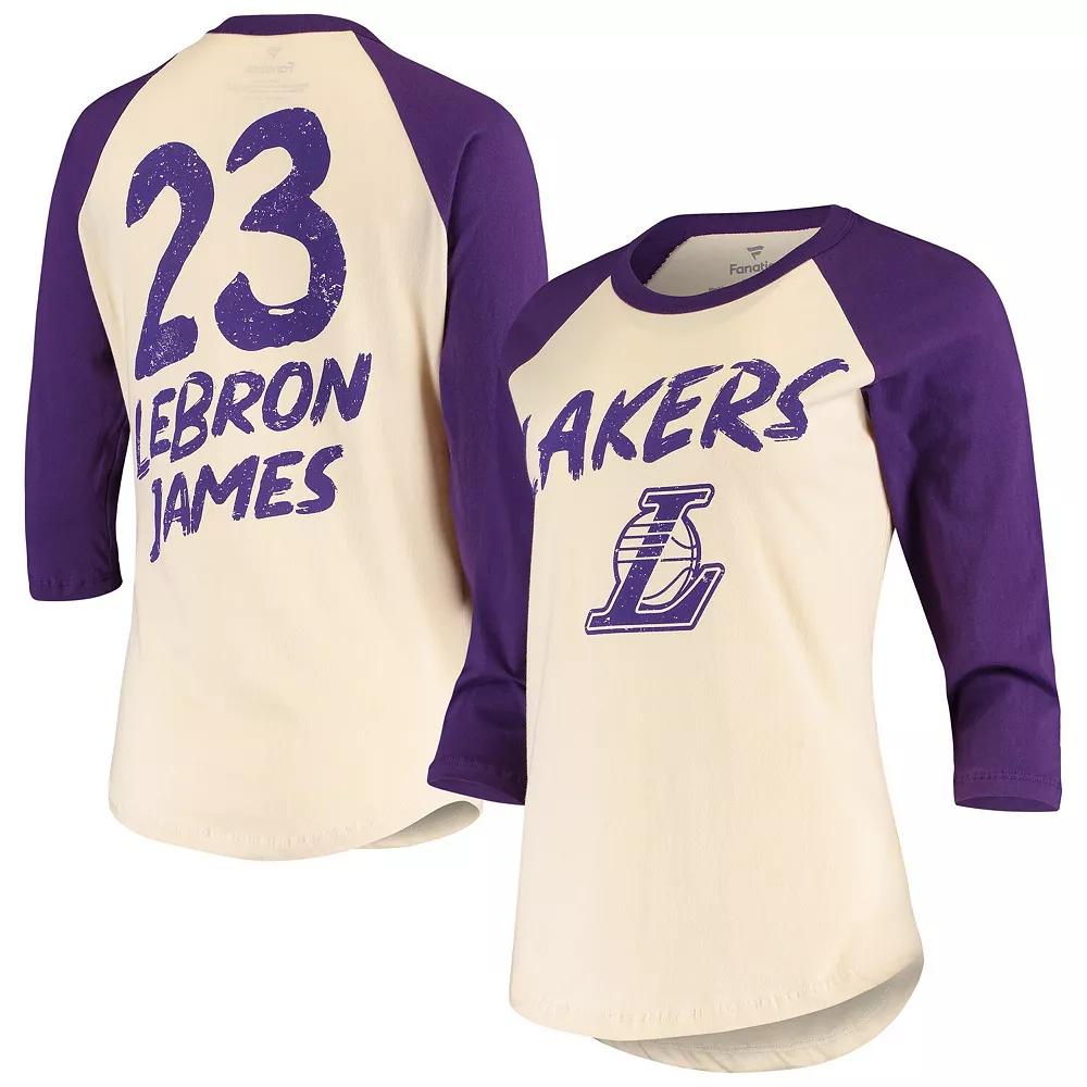 Women's Fanatics Branded LeBron James Cream Los Angeles Lakers Raglan 3/4-Sleeve T-Shirt, Size: Small, Beige Product Image
