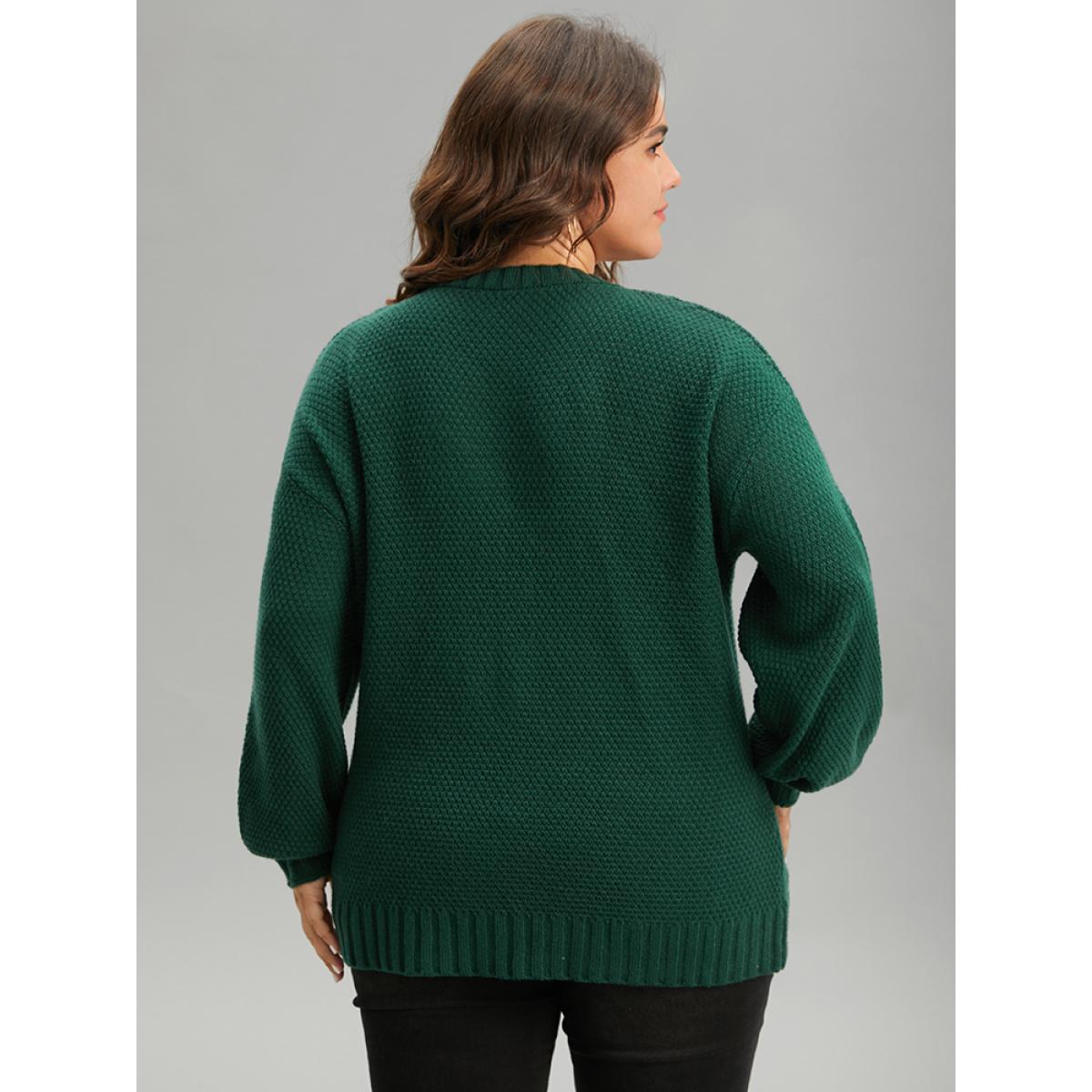 Plus Size Solid Cable Knit V Neck Elastic Cuffs Pullover DarkGreen Women Casual Loose Long Sleeve V-neck Everyday Pullovers BloomChic 22-24/3X Product Image