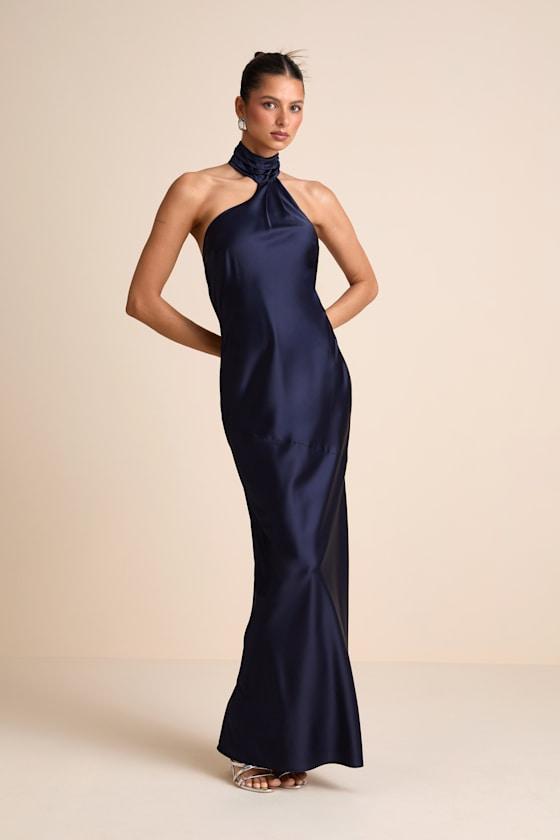 Madalena Navy Satin Cowl Back Maxi Dress Product Image