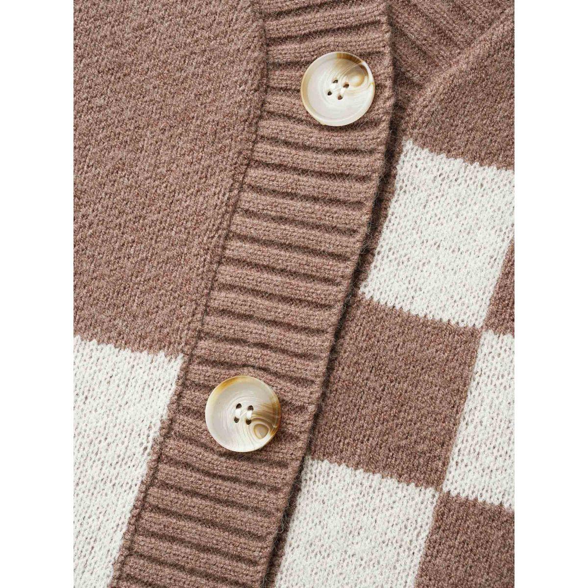 Plus Size Checkered V-Neck Button Front Knit Cardigan LightBrown Women Casual Loose Long Sleeve Everyday Cardigans BloomChic 18-20/2X Product Image