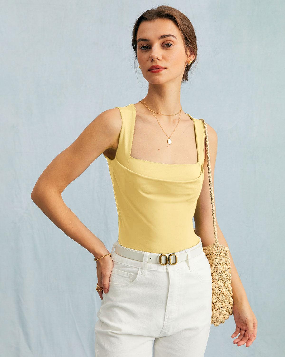 Yellow Square Neck Ruched Tank Top Product Image