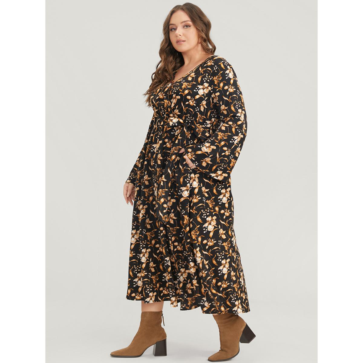 Plus Size Floral Pocket Bell Sleeve Belted Split Flutter Dress Black Women Elegant Pocket V-neck Long Sleeve Curvy Midi Dress BloomChic 14-16/1X Product Image
