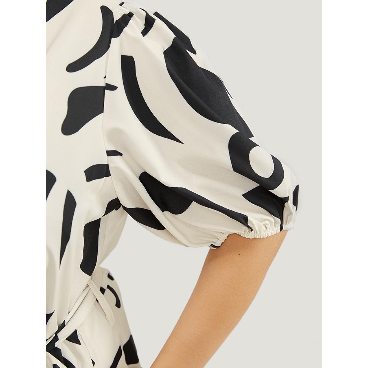 Plus Size Geometric Print Pocket Flutter Hem Belted Puff Sleeve Dress Multicolor Women Elegant Belted V-neck Short sleeve Curvy Midi Dress BloomChic 22-24/3X Product Image