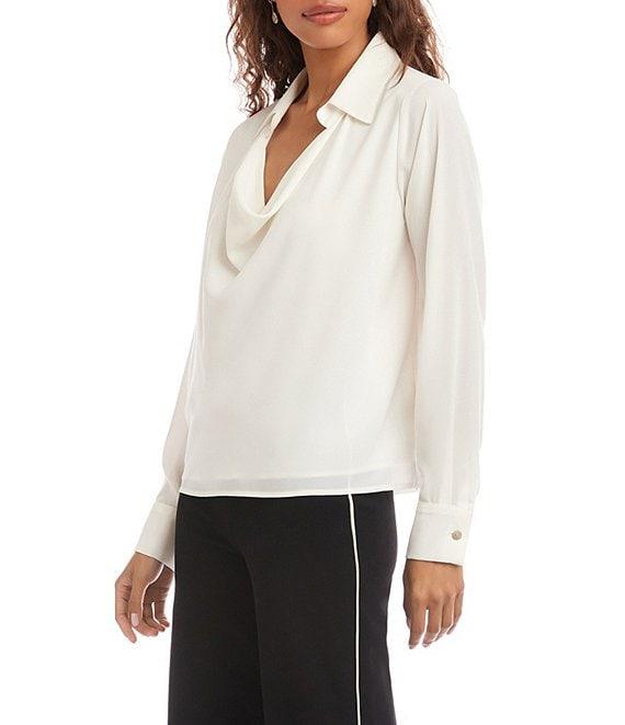 Karen Kane Silky Crepe Collared Cowl Neck Long Sleeve Top Product Image