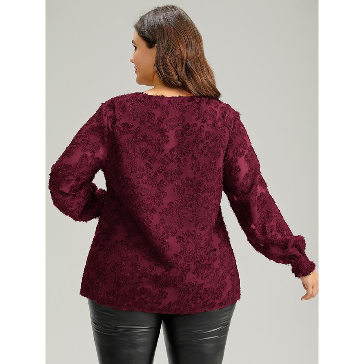 Plus Size Scarlet Plain Appliques Mesh V Neck Shirred Blouse Women Party&Cocktail Long Sleeve V-neck Party Blouses BloomChic 14-16/1X Product Image