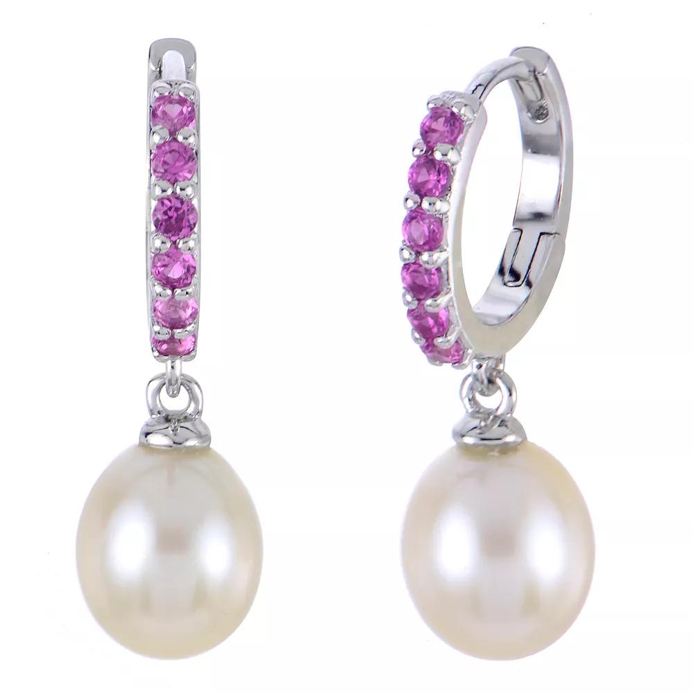 PearLustre by Imperial Sterling Silver Freshwater Cultured Pearl & Lab-Created Pink Sapphire Hinged Hoop Earrings, Womens Product Image