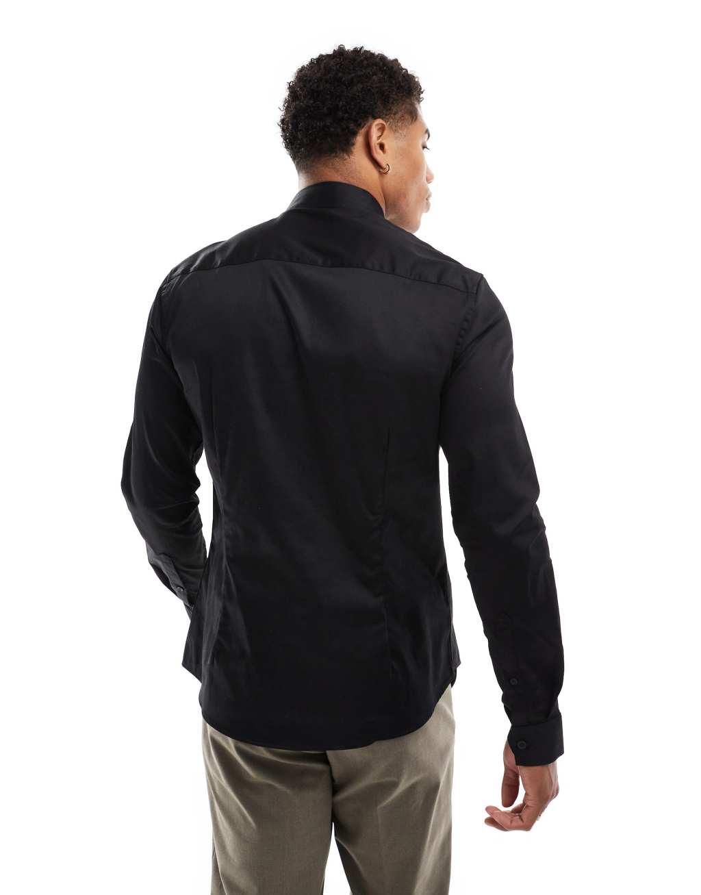 ASOS DESIGN slim fit sateen shirt in black  | ASOS Product Image
