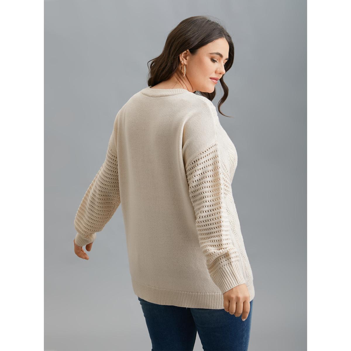 Plus Size Cable Knit Hollow Out Textured Pullover Apricot Women Casual Loose Long Sleeve Round Neck Everyday Pullovers BloomChic 28/5X Product Image