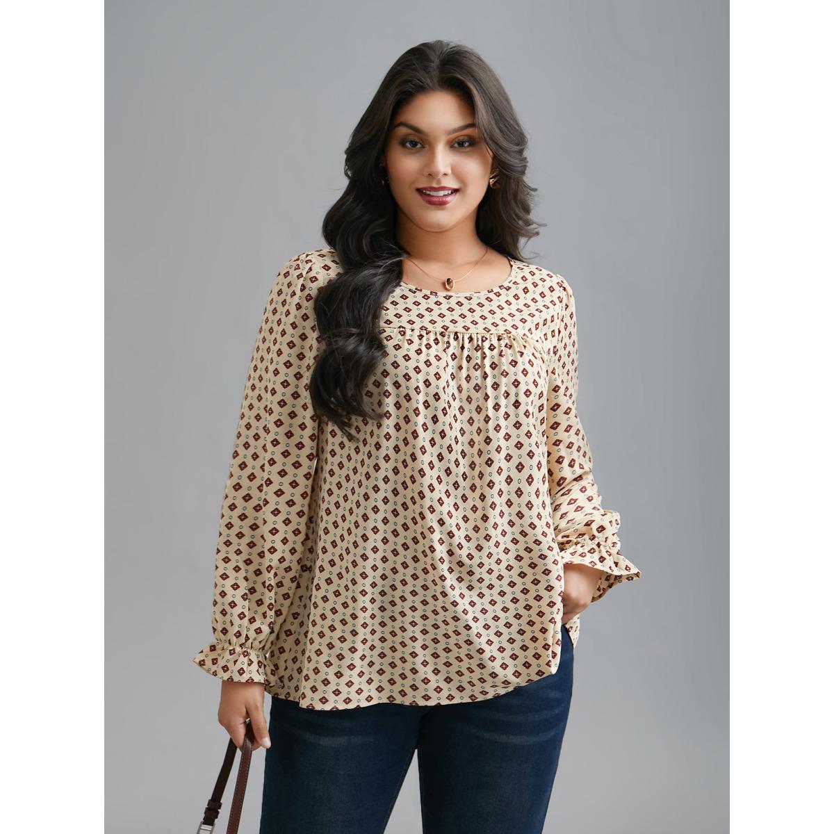 Plus Size Apricot Round Neck Geometric Print Pleated Blouse Women At the Office Long Sleeve Round Neck Office Blouses BloomChic 12/L Product Image