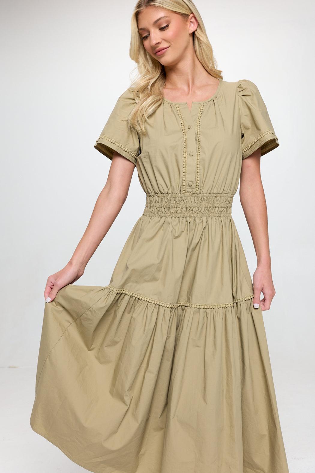 Taupe Poplin Croche Trim Maxi Dress Product Image