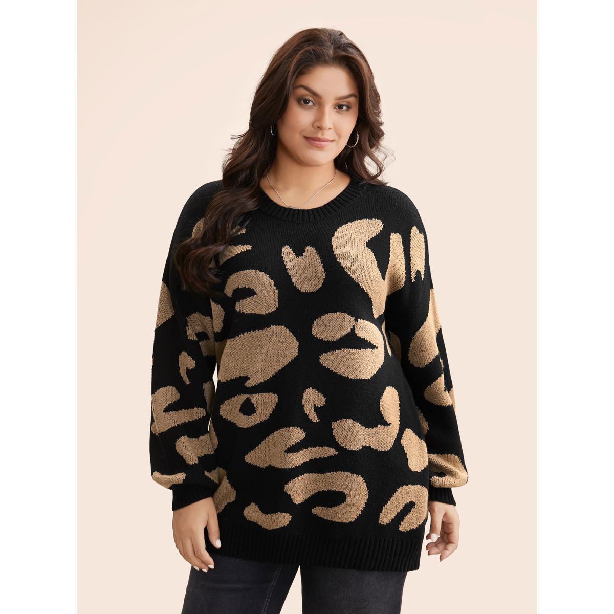 Plus Size Leopard Print Drop Shoulder Sleeve Pullover Black Women Leisure Loose Long Sleeve Round Neck Casual Pullovers BloomChic 22-24/3X Product Image