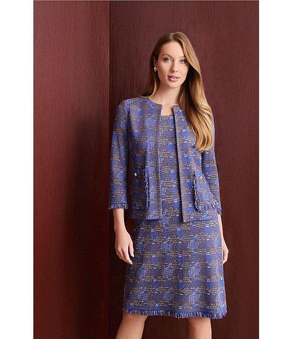 Ming Wang Tweed Scoop Neck Sleeveless Fringe Sheath Dress Product Image