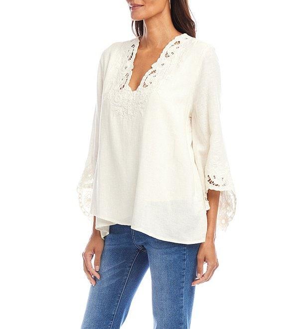 Karen Kane Linen Blend Embroidered V-Neck 3/4 Sleeve Asymmetric Top Product Image
