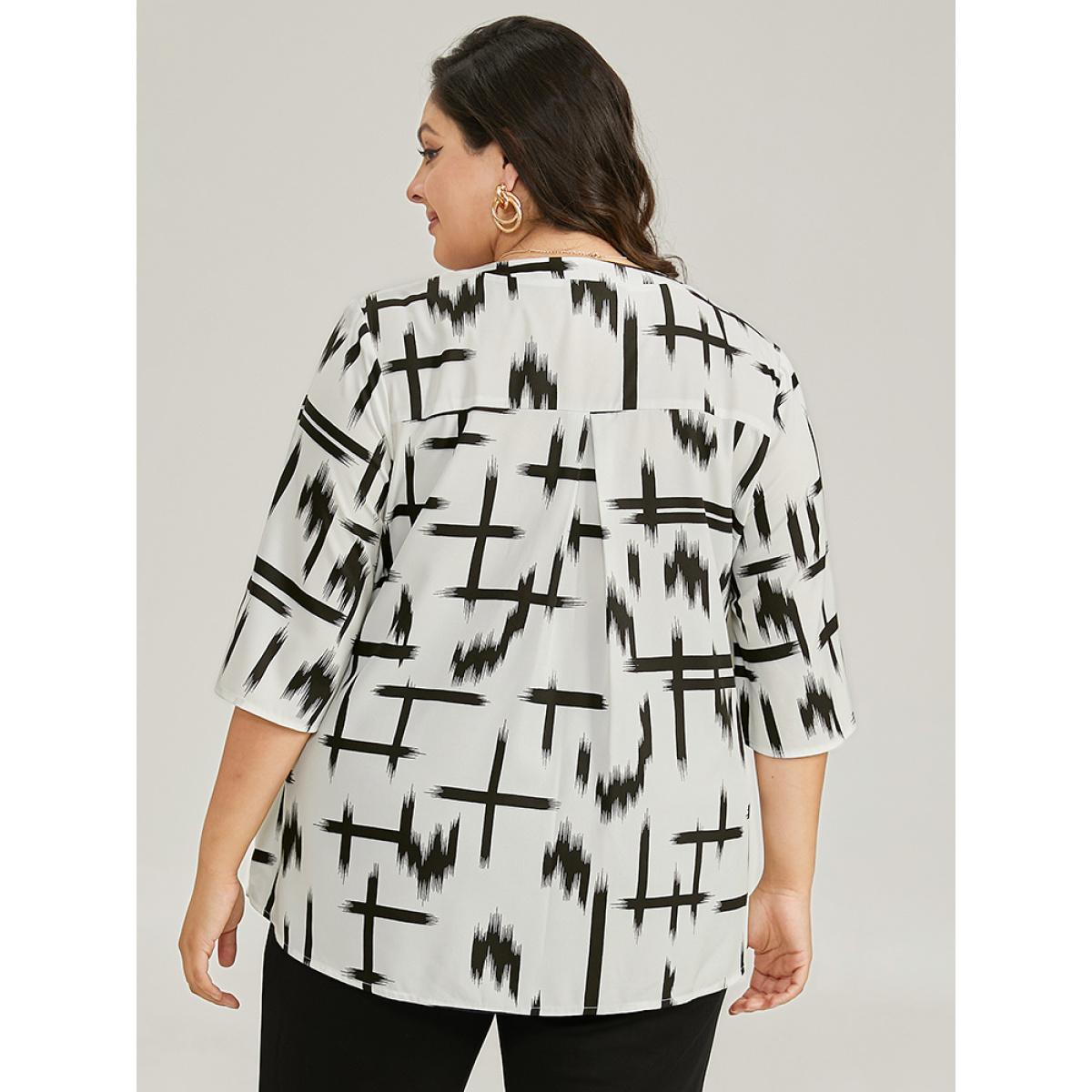 Plus Size Ivory Brush Print V Neck Pleated Ruffles Button Up Blouse Women Office Half Sleeve V-neck Work Blouses BloomChic 12/L Product Image