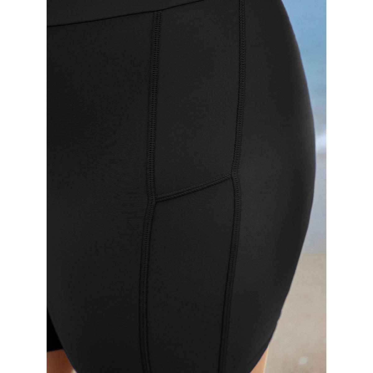 Plus Size Solid Wideband Waist Swim Shorts Women's Swimwear Black Resort Non High stretch Skinny High Rise Side seam pocket Curve Swim Bottoms BloomChic 28/5X Product Image