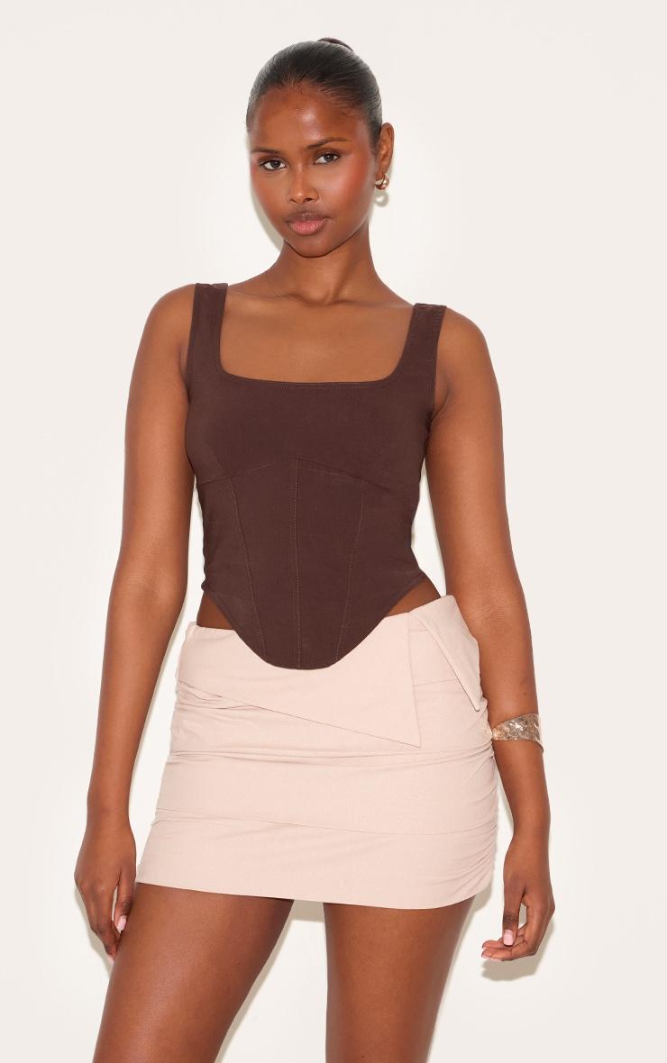 Stone Linen Blend Foldover Ruched Mini Skirt Product Image