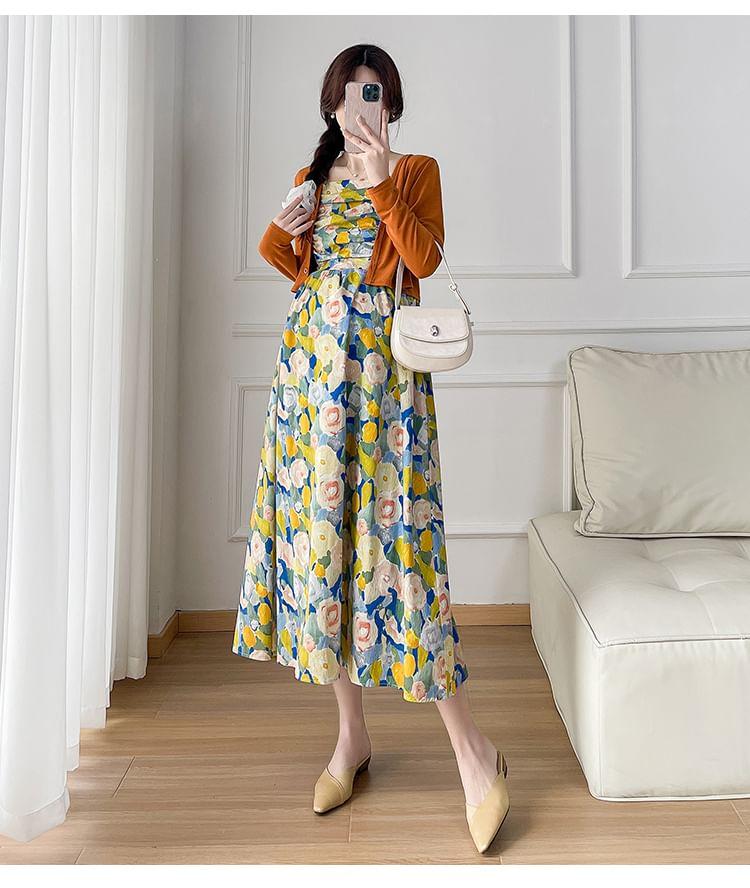 Maternity Spaghetti Strap Floral Midi A-Line Dress / Plain Cardigan / Set Product Image