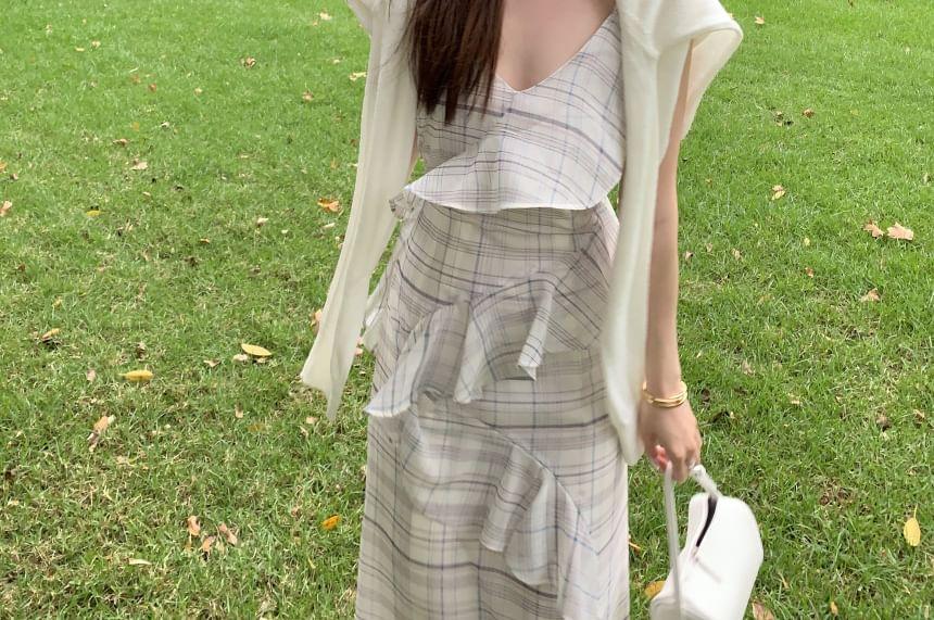 Spaghetti Strap Plaid Asymmetrical Ruffle Trim Midi A-Line Dress Product Image