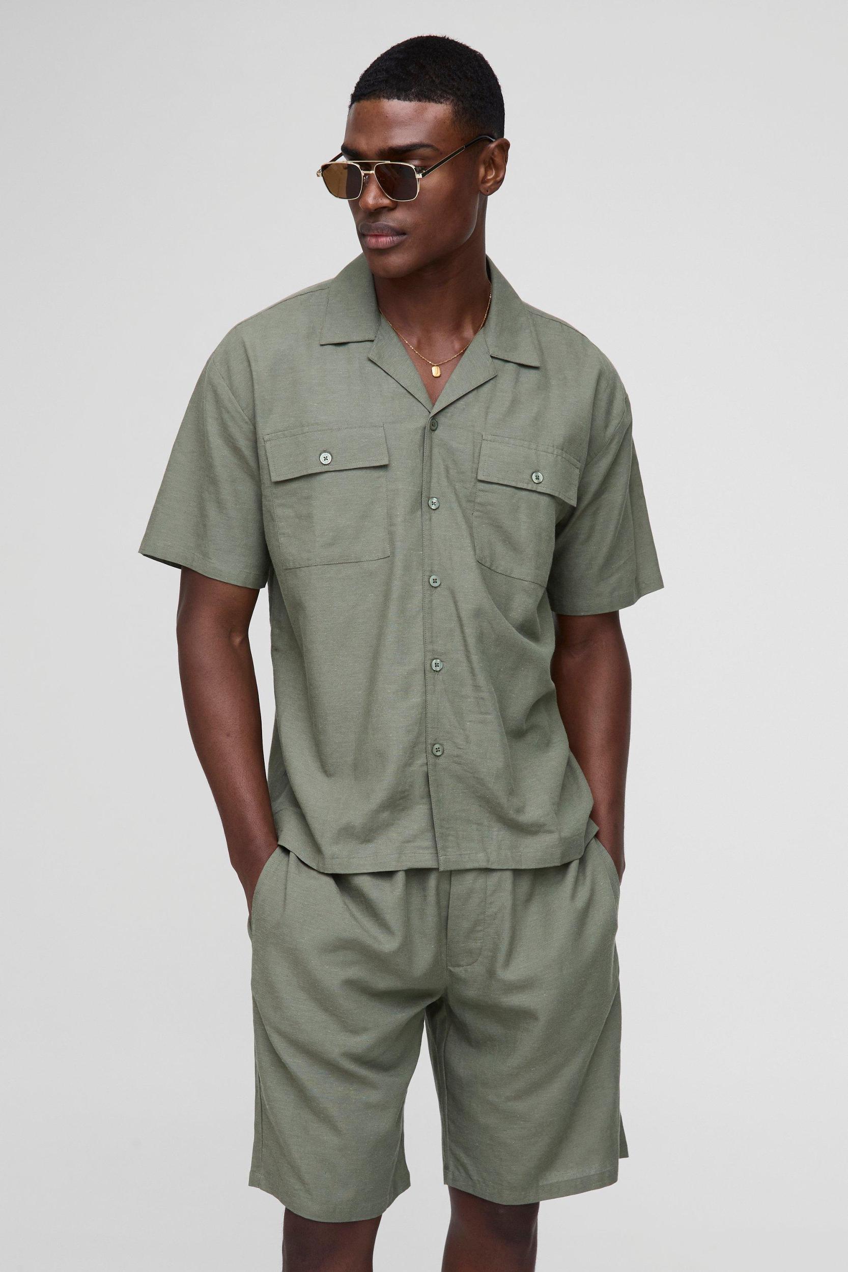 Oversized Linen Blend Look Cargo Pocket Shirt & Short Set | boohooMAN USA Product Image