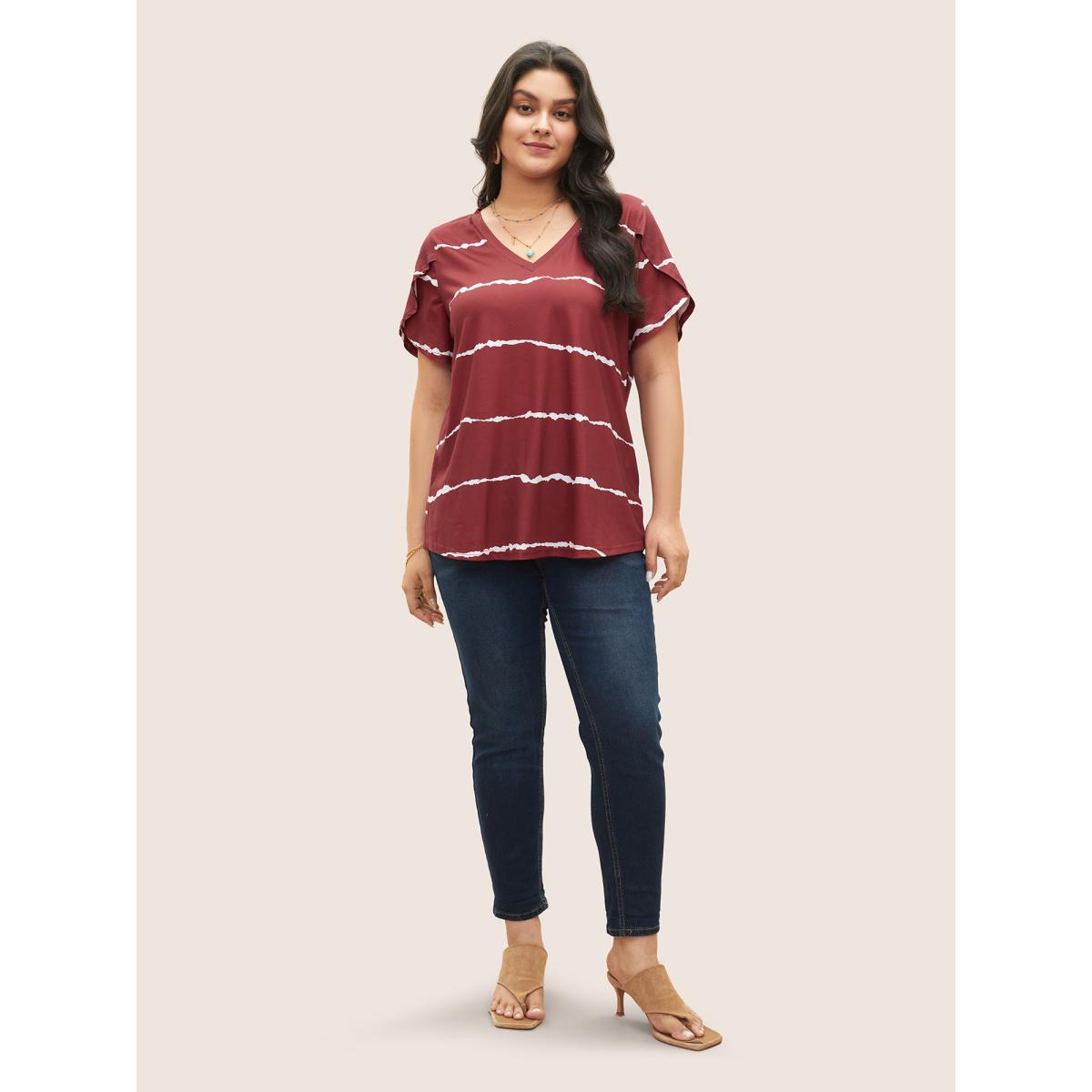 Plus Size Striped Contrast Petal Sleeve T-shirt Scarlet Women Elegant Striped Everyday T-shirts BloomChic 10/M Product Image