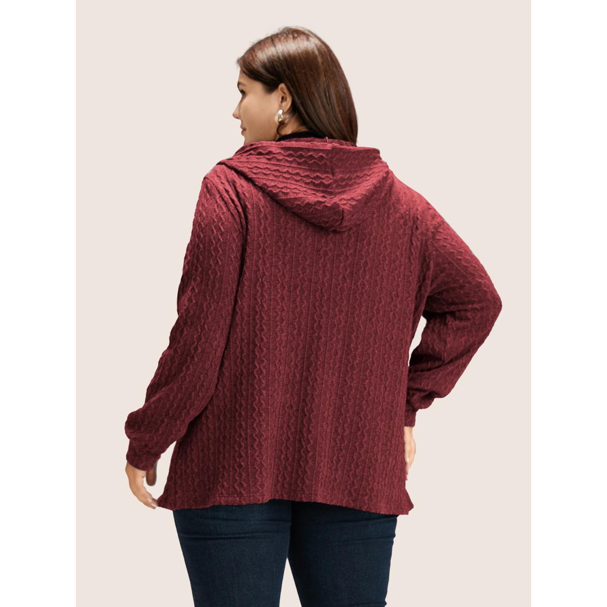 Plus Size Plain Textured Zipper Hooded Sweatshirt Women Burgundy Casual Non Hooded Everyday Sweatshirts BloomChic 22-24/3X Product Image