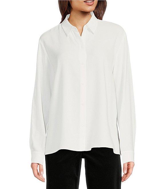Eileen Fisher Silk Georgette Crepe Classic Collar Long Sleeve Top Product Image